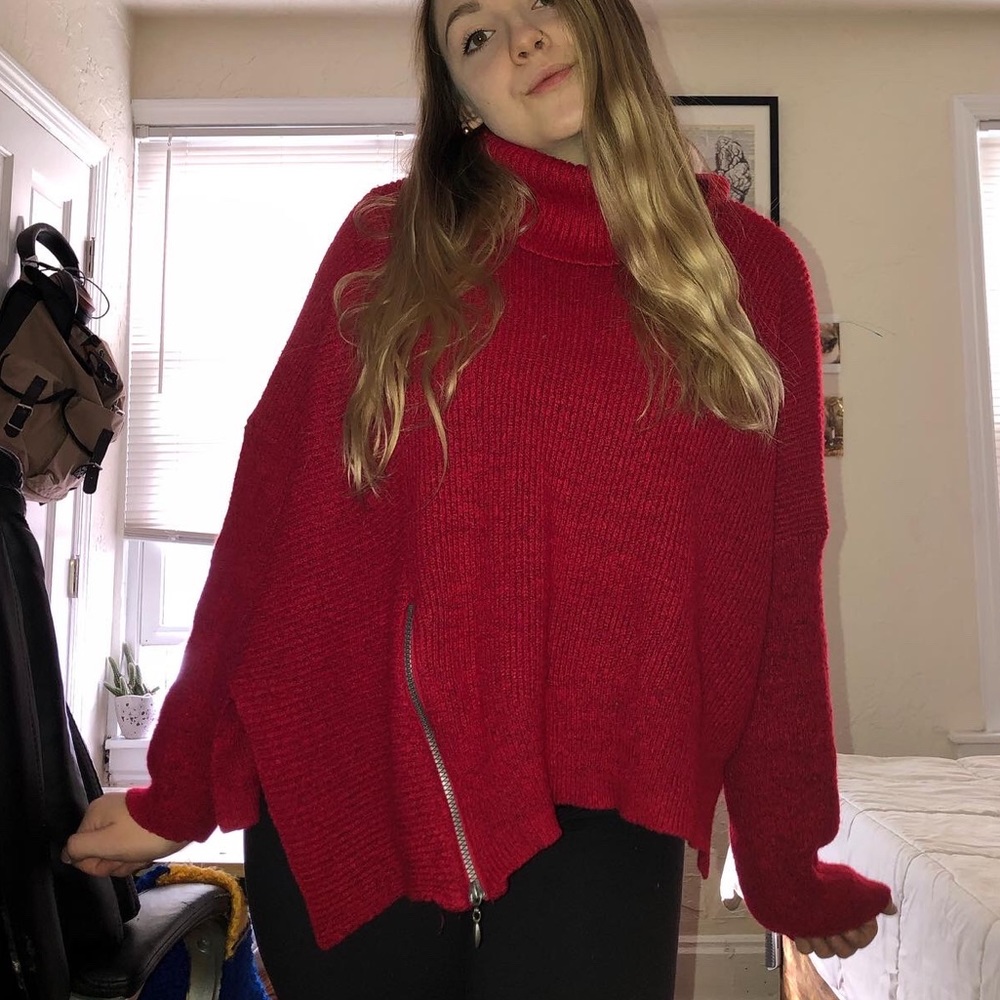 Red turtleneck sweater with zipper